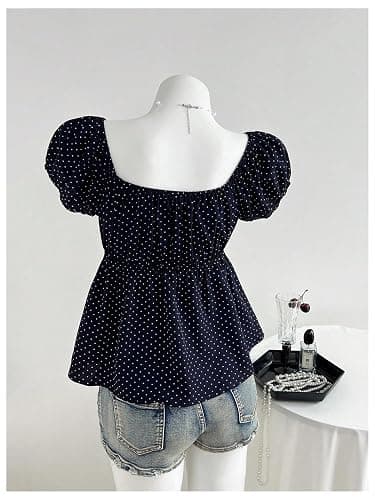 SOLY HUX Girl's Polka Dots Peplum Tops Puff Ruffle Cute Babydoll Blouse | Short Sleeve, Summer Tee Top for Teen Girls, Y2K Style, Sweetheart Neck Shirts thumbnail 2