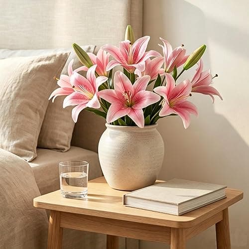 HNVNER 6 Bündel Kunstblumen Lilien, 3D-künstliche Lilien Blumen Rosa | 12 Blüten & 6 Knospen, rahtstiele biegbar, pollenfrei wasserdicht pflegeleicht lilien künstlich,für Hochzeit Home & Büro Deko thumbnail 4