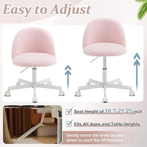 VINGLI Cute Candy Chair Armless Comfy Small Office Desk Vanity Chair with Wheels & Lumbar Support,Teddy Adjustable Rolling Swivel Computer Task Ch for Home Office,Bedroom,Gentle Pink thumbnail 6