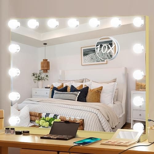 Moonee Vanity Mirror with Lights, Gold Hollywood Lighted Makeup Mirror with 15 Dimmable Bulbs and 10X Magnification, 3 Colors Modes, Aluminum Metal Frame, Light Up Mirror for Tabletop/Wall（23" x 18"） - Image 1