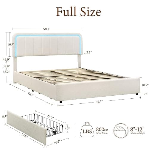 Yechen Cloud Full Size Bed Frame with Adjustable Headboard, Boucle Upholstered Bed Frame with LED Light, 4 Storage Drawers, Soft Curved Corners, No Box Spring Needed, Easy Assembly, Beige thumbnail 2