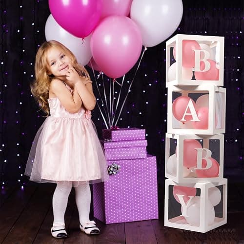 Voircoloria Baby Boxes with Letters, 4 Transparent Balloon for Gender Reveal Birthday Wedding Baby Shower Decorations (White) - White thumbnail 6
