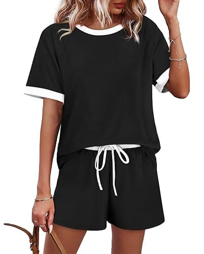 WIHOLL Two Piece Short Sets for Women Casual Summer Outfits Short Sleeve Crew Neck Lounge Matching Set thumbnail 3