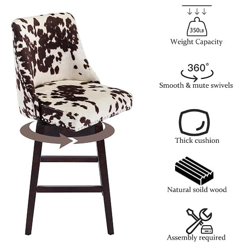 Janoray Counter Height Bar Stools Set of 2, Velvet Swivel Kitchen Stool Chairs with Back Mid Century Modern Barstool with Distressed Wood Legs for Dining Bar, Cow thumbnail 4