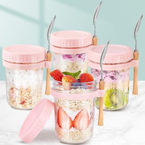 HomArtist Glass Overnight Oats Containers with Lids and Spoon, 16oz Wide Mouth Mason Jars for Overnight Oats, Cereal, Yogurt, Salad Lunch Container with Measurement Marks - Pink 4 Pack thumbnail 2