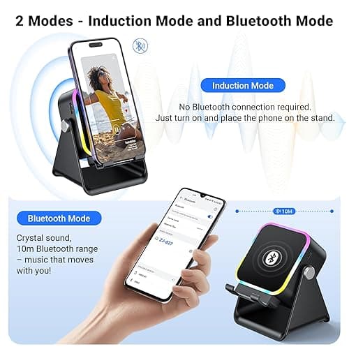 Induction Speaker with Phone Stand 5 in 1 Wireless Induction Bluetooth Audio for iPhone Android Phone Speakers Amplifier with Rechargeable Colorful Light, Birthday Gifts for Men Women Teens (Black) - Black thumbnail 4