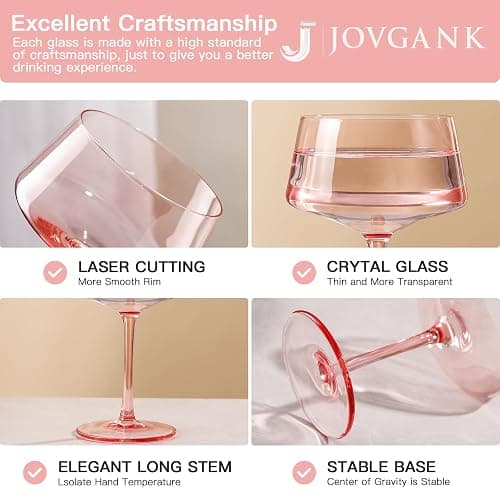 JOVGANK Pink Coupe Glasses Set of 6, Hand Blown Pink Martini Glasses 13Oz, Champagne & Cocktail Luxury Glasses, Bar Manhattan and New Year Martini Glass, Christmas gifts for Ice Cream Dessert thumbnail 5