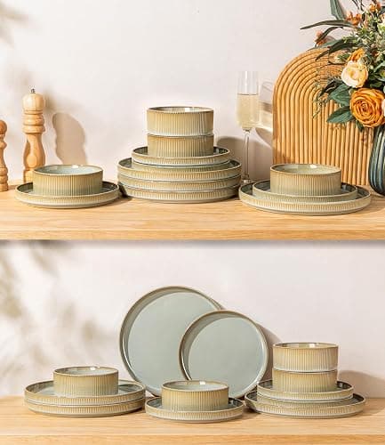 LERATIO Dinnerware sets for 4,12 Piece Stoneware Plates and Bowls sets | Handmade Reactive Glaze Dish Set,Lightweight & Scratch Resistant,Oven & Microwave & Dishwasher Safe-Pale Sage thumbnail 7