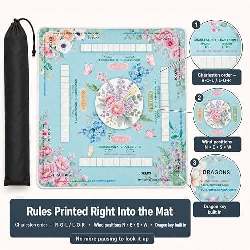 Chonwul Blue Mahjong Mat for Table with Rules, 31.5" x 31.5", Anti-Slip | Neoprene Rubber Game Mat with Carrying Bag; Chinoiserie Mah Jong Table Cover for Board, Poker, Card Games and Gifts for Women thumbnail 3