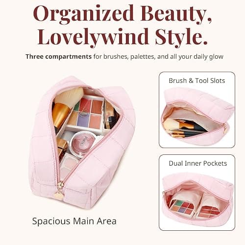 LOVELYWIND Makeup Bag for Women, Travel Cosmetic Bag Organizer with Compartments, Quilted Puffy Toiletry Pouch for Brushes, Essentials and Accessories, Pink thumbnail 4