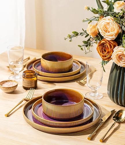 TheTerra Ceramic Dinnerware Sets for 8, 24 Pieces Porcelain Lightweight Plates and Bowls Sets, Scratch Resistant Dish Set, Oven & Microwave & Dishwasher Safe, Amber Amethyst thumbnail 6