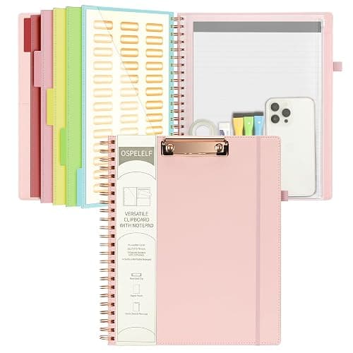 Ospelelf Leather Clipboard Folio with Notepad for Letter Size, Spiral Clipboard Folder with Storage Zipper Pouch, 5 Folders with 10 Pockets, 39 Divider Label Stickers, Pen Loop Series (Pink) - Image 1