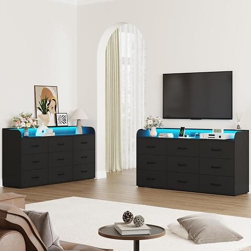 9 Drawers Dresser for Bedroom, 63" Wood Dresser with Power Outlet, LED Lights and Deep Drawers, Wide Chest of Drawers, Modern Minimalist Closet Dressers for Kids Bedroom, Living Room, Nursery, Black thumbnail 8