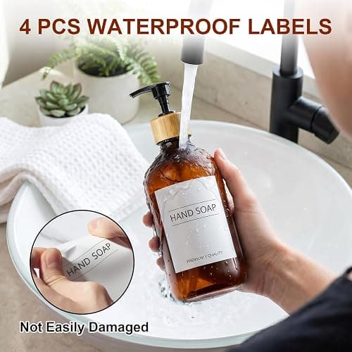 KASUNTING Amber Soap Dispenser Plastic, Brown Dish Soap Dispenser with Bamboo Pump for Kitchen,17 Fl Oz Hand and Dish Dispenser Set for Bathroom, Farmhouse Liquid Soap and Lotion Dispensers Bottle thumbnail 5
