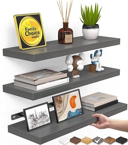 BAYKA Grey Floating Shelves for Wall, Wall Mounted Rustic Wood Shelves for Bathroom, Bedroom, Living Room, Kitchen,Small Hanging Shelf for Books/Storage/Room Decor (Set of 3, 15.7in) - Image 1