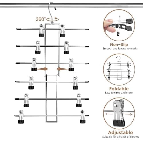 Pants Hangers with Clips,Space Saving Hanging Closet Organizer-6 Tiers Skirt Hangers with 360° Swivel Hook,Closet Organizer-Clothes Hangers- College Dorm Essentials Apartment Essentials-2 Pack thumbnail 6