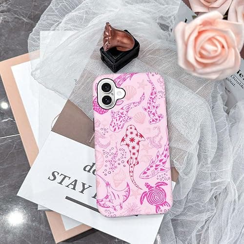 Case for iPhone 16,Fits Frosted Case Design for Girl Women,Sharks Turtles Shells Seaweed Pink thumbnail 6