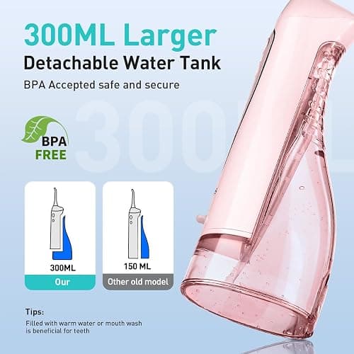 COSLUS Water Teeth Flosser: 300ML Electric Water Tooth Floss Cordless Jet Flossers for Teeth Cleaning IPX7 Waterproof Rechargeable Portable Travel Floss Light-Pink thumbnail 6