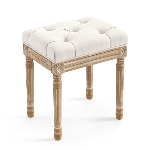 LUE BONA Upholstered Fabric Vanity Bench Seat, Makeup Stools for Vanity, Square Tufted Ottoman Bench with Carved Wood Color Legs for Bedroom Living Room, Beige - Image 1