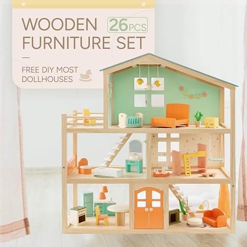 Giant bean 26 Pcs Large Wooden Dollhouse Furniture 5 Set for Kitchen, Living Room, Bedroom, Bathroom, Babyroom, Candy Dollhouse Accessories & Furniture Toy for Girls Boys Kids 3+ - Candy Dollhouse Furniture Set thumbnail 8