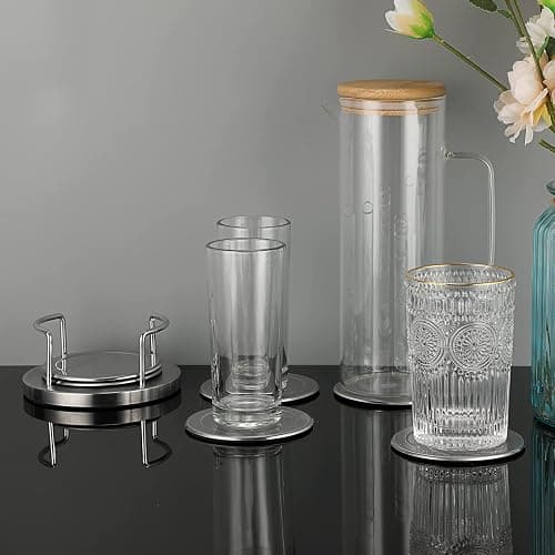 JUXYES Set of 6 Stainless Steel Round Coasters with Holder & Sponge Bottom, Silver Metal Cup Coasters Set Stunning Cool Coaster Cups Mats Decor for Restaurant Kitchen bar Dining Table thumbnail 6
