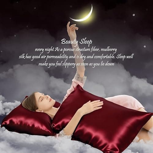 Silk Pillowcase for Hair and Skin Mulberry Silk Pillowcase Soft Breathable Smooth Both Sided Natural Silk Pillowcase with Zipper Beauty Sleep Silk Pillow Case 1 Pack for Gift(Standard,Red) thumbnail 6