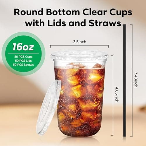 50PCS 16 oz Round Bottom Plastic Cups with Lids and Black Straws, Clear To Go Iced Coffee Smoothie Juice Cups, Disposable Cold Drink Bubble Tea Party Cups for Catering, Christmas, Birthdays, Takeout thumbnail 3
