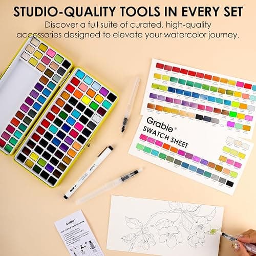 Grabie 100 Colors Premium All-In-One Watercolor Paint Set - 50 Essential, 35 Metallic, 10 Pastels, 5 Neon Hues - Portable Case, Brush Pens, Paper Pad, Waterproof Fineliner Pen, Beginner & Professional thumbnail 7