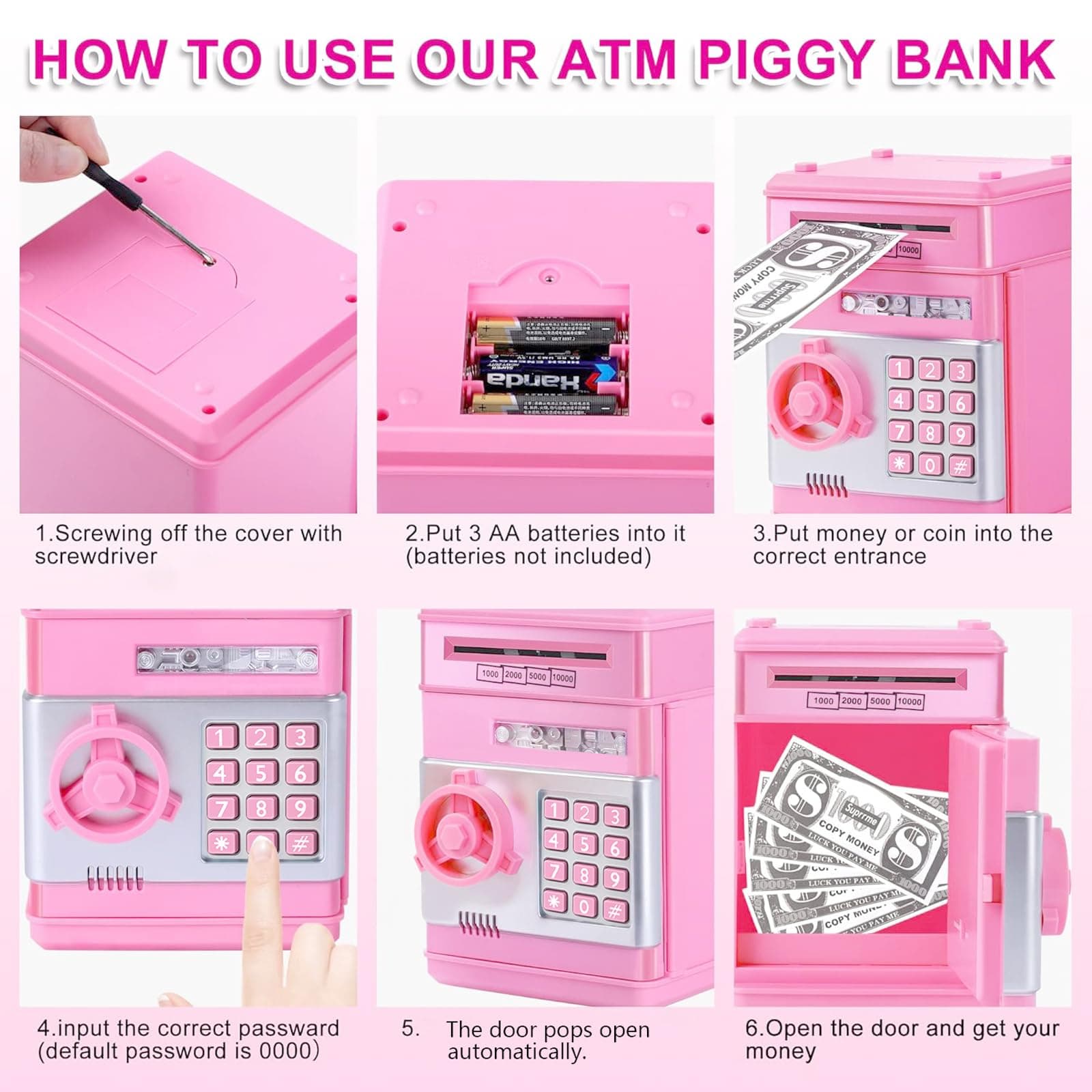 Piggy Bank, Cute Electronic Coin Money Bank for for Kids, Cash Coin Can ATM Bank for Kids 3-7,Auto Scroll Paper Money Saving Box with Password for Real Money Christmas Birthday Gifts (Pink) thumbnail 6
