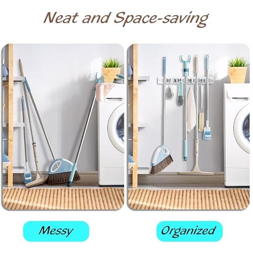 OUTNILI Mop and Broom Holder Wall Mount - White Broom Mop Hanger - Wall Mounted Garden Tool Rack Organizer for Closet Garage Laundry Room Kitchen Decor With 5 Slots & 4 Hooks thumbnail 5