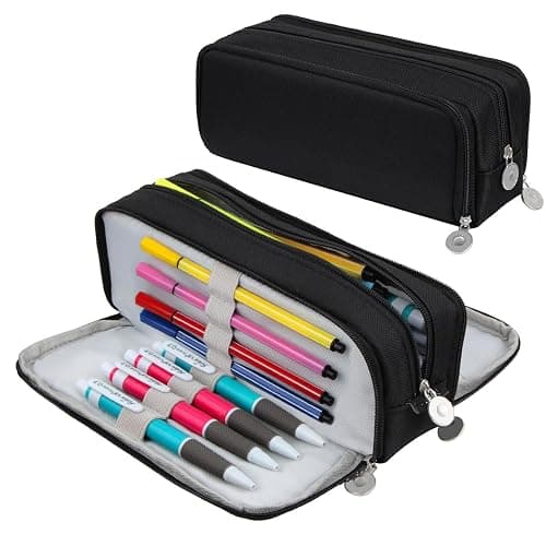 Chelory Large Capacity Pencil Case Big Pencil Bag Pouch 3 Compartment Pen Cases for Office Organizer High Storage Makeup Bag Men Women Adults, Black - Image 1