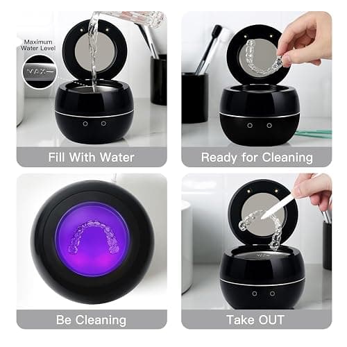 Dental Ultrasonic Retainer Cleaner Machine: 45kHz Dental Cleaning Pod for Denture, Aligner, Mouth Guard, Night Guard, Braces & Jewelry, UV Denture Cleaner with Digital Timer & Dual Mode 250ML Black thumbnail 6