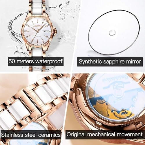 Womens Watch Automatic White Face Ladies Watch Mechanical Waterproof Self-Winding Wrist Watch Rose Gold Pearl Shell Dial Watches Day Date Woman Watches Ceramic Stainless Steel Diamond Watch for Ladies thumbnail 4