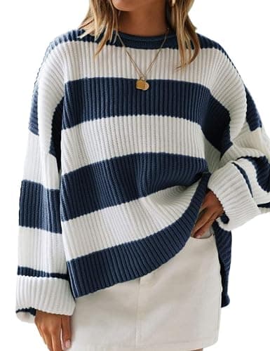 ZESICA Women's 2026 Fall Long Sleeve Oversized Striped Color Block Comfy Loose Crew Neck Knitted Pullover Sweater - Image 1
