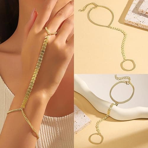 YixNahz 6 Pieces Gold Finger Ring Bracelet for Women Trendy 14k Gold Plated Womens Adjustable Cute Rings Hand Chain Link Bracelets Set for Women Jewelry Gifts Daily Accessories on Summer Beach thumbnail 3