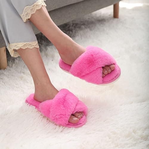 Evshine Women's Fuzzy Slippers Cross Band Memory Foam House Slippers Open Toe thumbnail 3