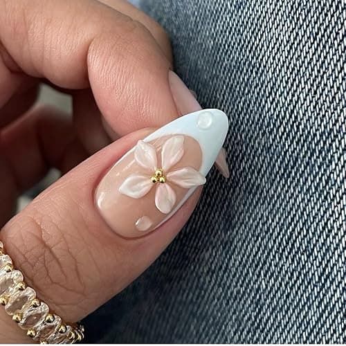 LPOODDNU Almond Flower Pearl Press on Nails - Medium 3D Fake Nails with French Tip Designs, Glossy Finished Reusable False Nails with Double Adhesive Glue Tabs - 24Pcs Nail Kit for Women Manicure thumbnail 3