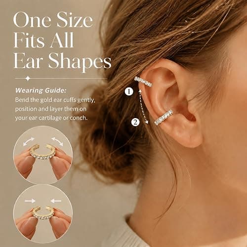 D.Bella Ear Cuff Earrings for Women 14K Gold Plated Dainty Non Pierced Clip On Earring for Cartilage Fake Ear Jewelry Lightweight thumbnail 6