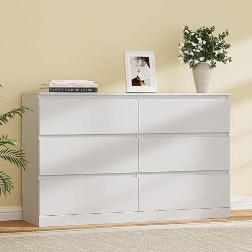 Dresser for Bedroom with 6 Drawers, 14.2" D x 47.2" W x 29.5" H, White | Modern Chest of Drawers with Hidden Drawer, Wood Storage Dresser, Storage Organizer for Living Room, Closet, Hallway thumbnail 2