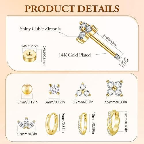 Turandoss 8 Pairs Hypoallergenic Gold Hoop Earrings for Women Trendy | Dainty 14K Gold Plated Huggie Hoop Stud Earrings for Women, Flat Back Earrings Set for Multiple Piercing thumbnail 3