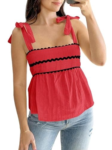 Tankaneo Womens Cute Tank Tops Summer Casual Peplum Babydoll Square Neck Tie Strap Backless Shirts - Image 1