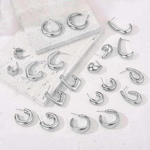FOURPG 10 Pairs Hypoallergenic Chunky Gold Dangle Earrings for Women Trendy Thick Gold Plated Hoop Earrings Set Lightweight Jewelry thumbnail 4