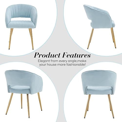 Homedraft Velvet Vanity Chair, Modern Home Office Desk Chair with Hollow Back, Upholstered Dining Chair with Gold Metal Legs, Comfy Accent Chair for Living Room Bedroom, Light Blue thumbnail 8
