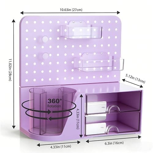 Comix Desk Organizer with 2 Drawer, Purple 360 Rotating Pen Holder for Desk | Desk Organizers and Accessories with 5 Slots Pencil Holder+Pegboard+Drawer, Pen Organizer for Home School Art Office Supplies thumbnail 3