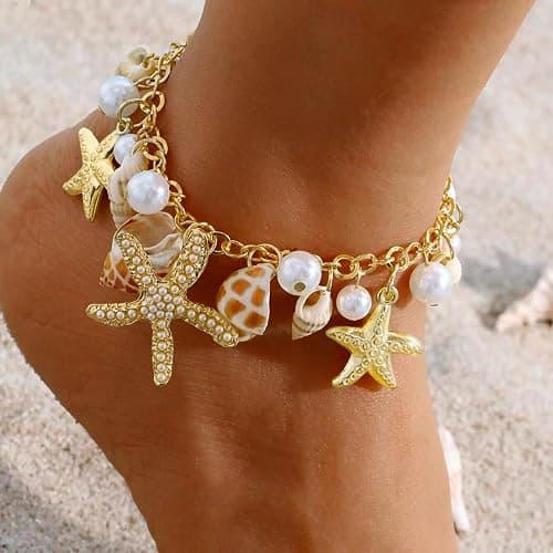 Qceasiy Ankle Bracelet Set for Women, Gold Boho Bead Adjustable Anklet, Hawaiian Beach Pearl Heart Starfish Foot Jewelry Gifts thumbnail 4