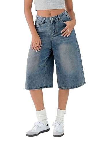 EMMIOL Machine Wash Y2K Jorts Women Wide Leg Baggy Long Jean Shorts Loose Fit Grunge Bermuda Denim Shorts - Image 1