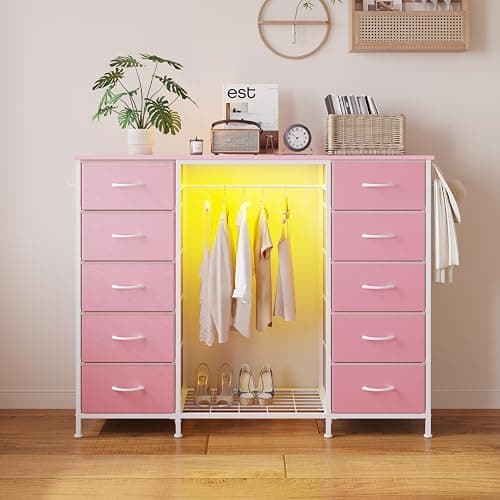 LUMTOK 2-in-1 Dresser with Hanging Rack, 10 Drawers Dresser for Bedroom,Dressers with Fabric Drawers,LED Lights, Charging Station and Hanging Racks for Bedroom (Pink) thumbnail 8
