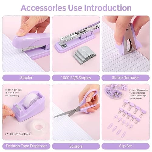 SKYDUE Purple Desk Accessories, Stapler and Tape Dispenser Set,10PCS | Purple Office Supplies Set, Stapler, Tape Dispenser, Scissors, Binder/Paper Clips and 1000pcs Staples thumbnail 4