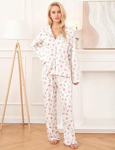 TIKITIDES Womens 2 Piece Fruit Floral Pajamas Button Down Pajama Sets Cute Long Sleeve Wide Leg Soft Pjs Loungewear thumbnail 3