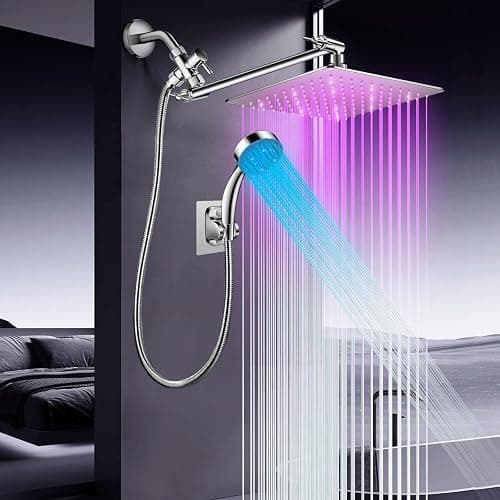 LED Shower Head with High Pressure 10'' Rain Shower Head, 11'' Adjustable Extension Arm, Color Changing Based On Water Temperature, Stainless Steel, 60'' Hose, Chrome - Chrome thumbnail 2